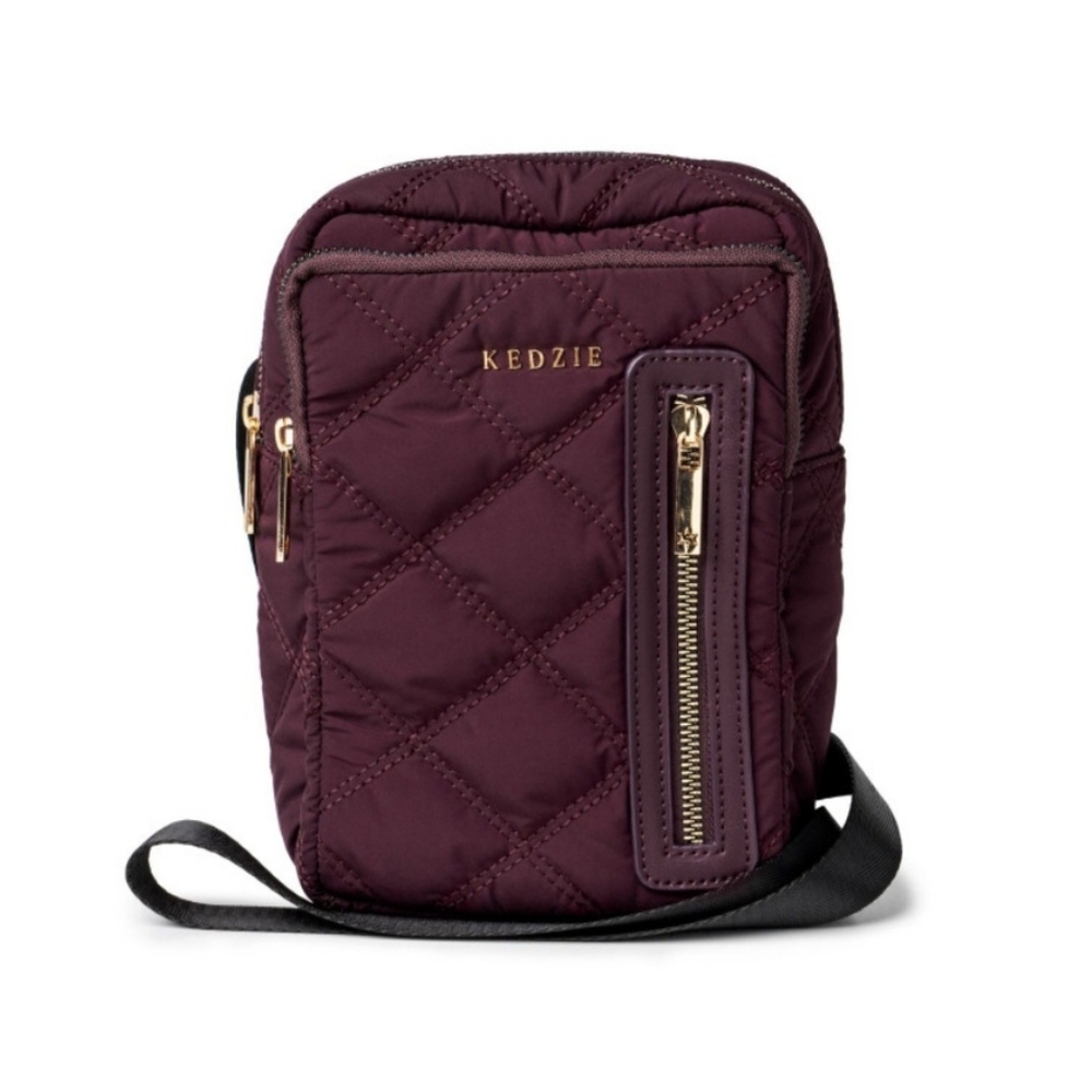 KEDZIE Burgundy Quilted Belt Bag with Gold Zippers